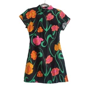 Rixo Target US 4 Black Bright Floral Mod Mandarin Collar Mini Shift Dress